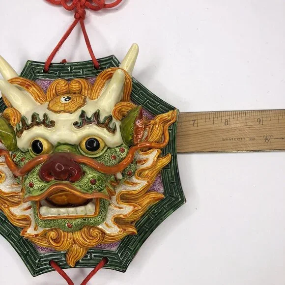 Chinese Yin Yang Dragon Hanging Plaque Pottery Red Tassels Guardian Feng Shui